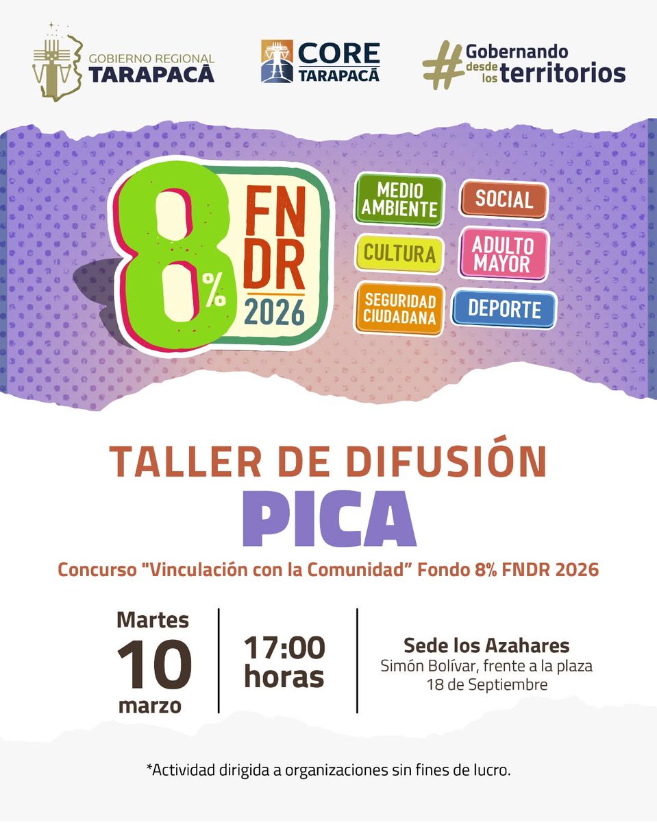 Gore_Tarapaca's tweet image. #FondoConcursable 📣

🚀 ¡Ya comenzaron los talleres del Concurso 8% FNDR 2026! 🤩

El #EquipoGore invita a las organizaciones sociales sin fines de lucro de la región a participar en los Talleres de Difusión del ✨Fondo 8% FNDR✨ del #GORE. 

📲 Info en goretarapaca.gov.cl