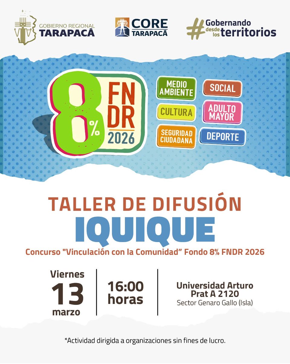 Gore_Tarapaca's tweet image. #FondoConcursable 📣

🚀 ¡Ya comenzaron los talleres del Concurso 8% FNDR 2026! 🤩

El #EquipoGore invita a las organizaciones sociales sin fines de lucro de la región a participar en los Talleres de Difusión del ✨Fondo 8% FNDR✨ del #GORE. 

📲 Info en goretarapaca.gov.cl