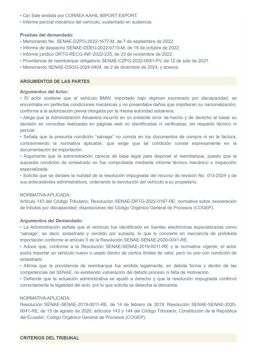 PaulinaRojasJ's tweet photo. ➡️ Reembarque de vehículo importado con exoneración por discapacidad

Tribunal Distrital de lo Contencioso Tributario del Guayas
Juicio: 09501-2024-00522
Sentencia: 16 de septiembre de 2025

📌 ¿Qué se discutió?
El caso analizó si la Administración Aduanera podía disponer el reembarque de un vehículo BMW importado con exoneración por discapacidad al considerar que tenía condición de “salvage” (siniestrado). El contribuyente alegó que el SENAE incurrió en error de hecho y de derecho, pues basó su decisión únicamente en consultas realizadas en páginas web no identificadas ni verificadas, sin respaldo técnico ni pericial que demuestre que el vehículo era siniestrado. 

📌 ¿Qué resolvió el Tribunal?
El Tribunal concluyó que la Administración no logró demostrar que el vehículo estuviera efectivamente siniestrado ni que encuadrara en la prohibición de importación prevista en la normativa aduanera. Determinó que existió un error de hecho en la valoración de la documentación presentada por el importador, pues la autoridad desconoció los documentos de compra basándose únicamente en una búsqueda en internet no explicada ni respaldada técnicamente. 

📌 Criterio relevante
“Si bien el Tribunal acepta que es facultad de la Administración efectuar las revisiones en las bases de datos que tiene a su disposición para realizar el control aduanero, aquello no da una libertad ilimitada para desconocer la documentación de importación… al no existir un argumento lógico de la administración para desconocer los documentos de compra, basándose exclusivamente en una búsqueda en internet que no se encuentra explicada, el tribunal considera que existió un error de hecho en la valoración de los documentos que fueron presentados.” (Sección 7.5.4, párrafo 1)

🔎 Lo interesante del caso
El análisis judicial se centró en un recurso de revisión sustentado en la causal de error de hecho o de derecho prevista en el Código Tributario. El Tribunal concluyó que sí se configuró la causal invocada, al evidenciarse un error de hecho en la valoración de los documentos presentados por el contribuyente, lo que justificó aceptar el recurso y declarar la invalidez de los actos administrativos impugnados.

@lacortedicetrib 
https://t.co/4h5IuPXEYl
