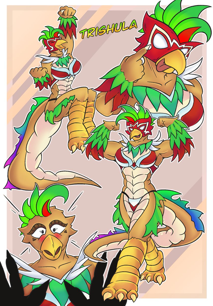 NeonBjorn's tweet photo. Come one, come all, an witness the latest edition to Eingana’s Circus~

She’s the Masked Cocatrice, The Rainbow Luchadora, an the Strongest of Strongwomen with the Heart to Match. 

She’s Trishula!! 🌈💪🦅

#oc #ocart #Digitalart https://t.co/g72FeHUvg1