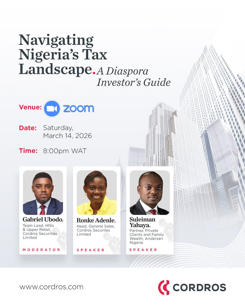 We are hosting an exclusive webinar to unpack Nigeria’s tax framework as it affects diaspora investors, highlighting compliance essentials, potential reliefs, and practical strategies to protect your returns. 

Click the link below to register 

bit.ly/TaxWebinarCord…
