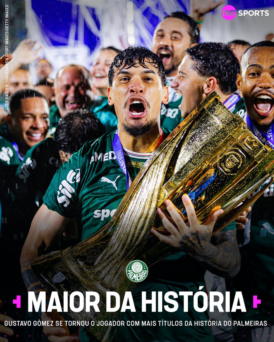 TNTSportsBR's tweet photo. QUEM TEM MAIS TEM 13! 🐷🇵🇾 Com o título do #Paulistão, Gustavo Gómez se isolou no topo do ranking de jogador que mais vezes foi campeão pelo Palmeiras! Ao todo, são 13 conquistas para o capitão do Alviverde! #FutebolBrasileiro https://t.co/1qJJIDGIdq