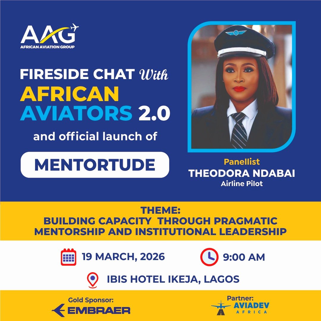 ChidozieMario's tweet image. We’re delighted to welcome Theodora Ndabai, a former cabin crew and a pilot with @ibomairlines, as a panellist at FIRESIDE CHAT WITH AFRICAN AVIATORS 2.0 and official launch of @Mentortude ✈️

📅 19 March 2026
📍 Ibis Hotel Ikeja Lagos
⏰ 9:00 AM

 #AAG #Aviation #CrewLife