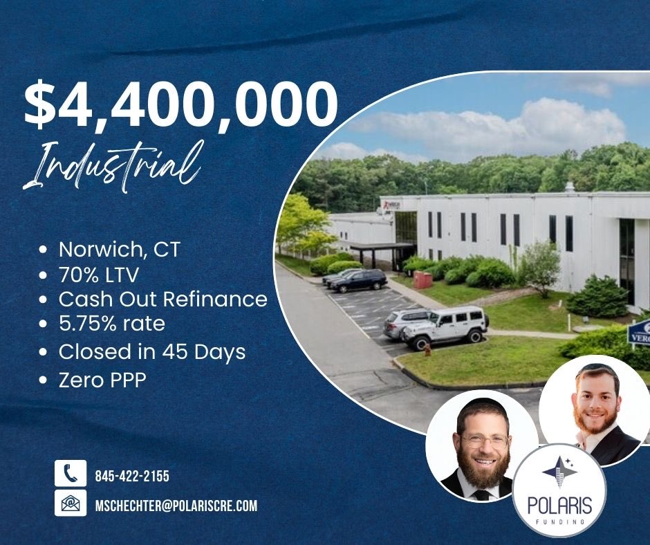 MendySchech's tweet image. #TYH Excited to share another closing our team at Polaris Funding recently completed.

We arranged $4,400,000 in cash-out refinance financing for an industrial property in Norwich, Connecticut, delivering strong execution and great terms for our client.

Loan highlights:

•