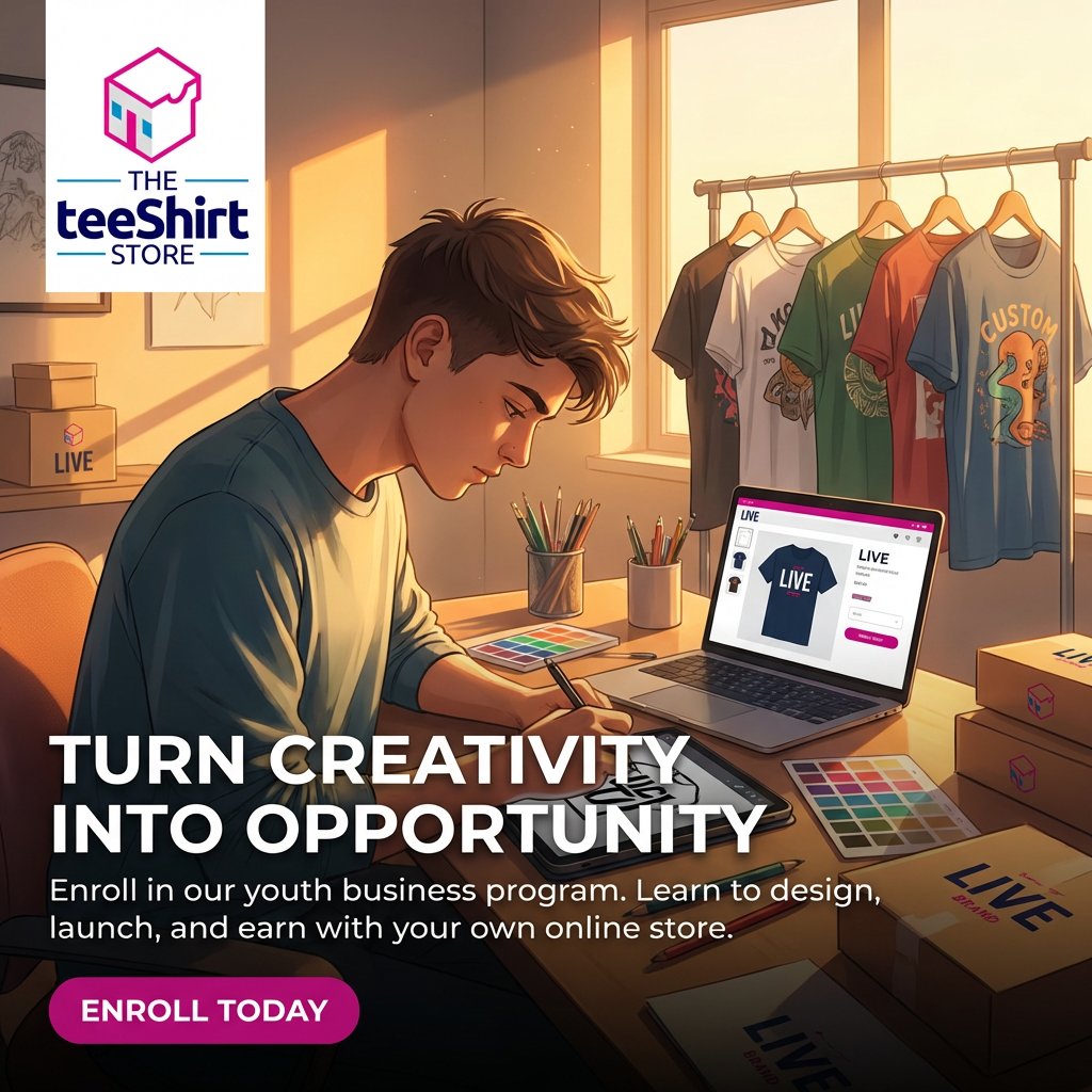 Every brand started with one idea.

What if your idea was printed on a tee and sold worldwide?

Design it. Launch it. Build your brand. 🚀

Start creating today.

#YouthEntrepreneurship #StartYourBrand #TshirtBusiness #Creators
