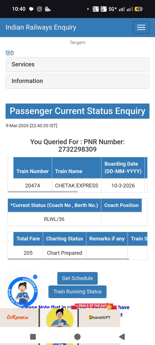 vartmann_'s tweet photo. @RailwaySeva @RailMinIndia Chart prepared for my train number - 20474,
Ticket was in RLWL, and it is still in waiting listing not cancelled yet. Pnr number 2732298309 https://t.co/VwVTsVGBAl