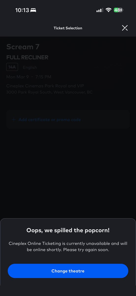codyrawluk's tweet photo. @CineplexMovies WHY IS THIS HAPPENING FOR WEST VANCOUVER I JUST WANNA WATCH SCREAM 7 https://t.co/NFGGyHUlfb