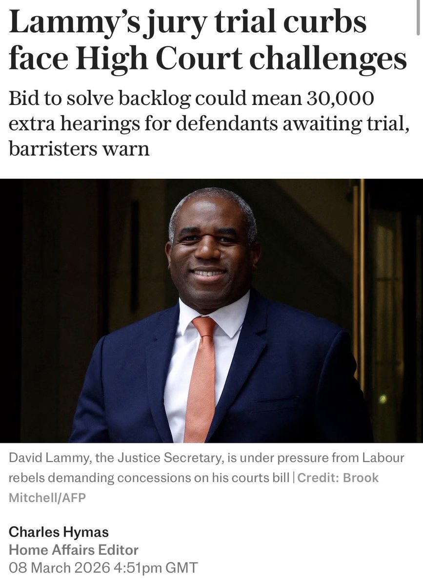 Lammy’s jury trial curbs will face High Court challenges.

The Justice Secretary’s plan to tackle the Crown Court backlog of 80,000 cases will not work — there is no evidence to support his claims.

A report from the Institute for Government shows the proposals would save only 2