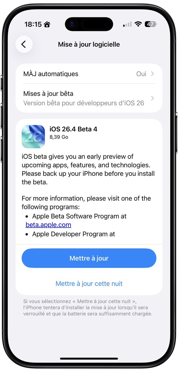 iMathTechs's tweet image. 🚀 Alerte mise à jour pour les dev !

Apple vient de déployer les bêta 4 de ses OS 26.4. 
On sent que la version finale approche à grands pas !

💬 D'après vous, quelle fonctionnalité Apple doit encore améliorer avant la sortie publique ?

Optimisation.

#Apple #iOS26 #TechNews