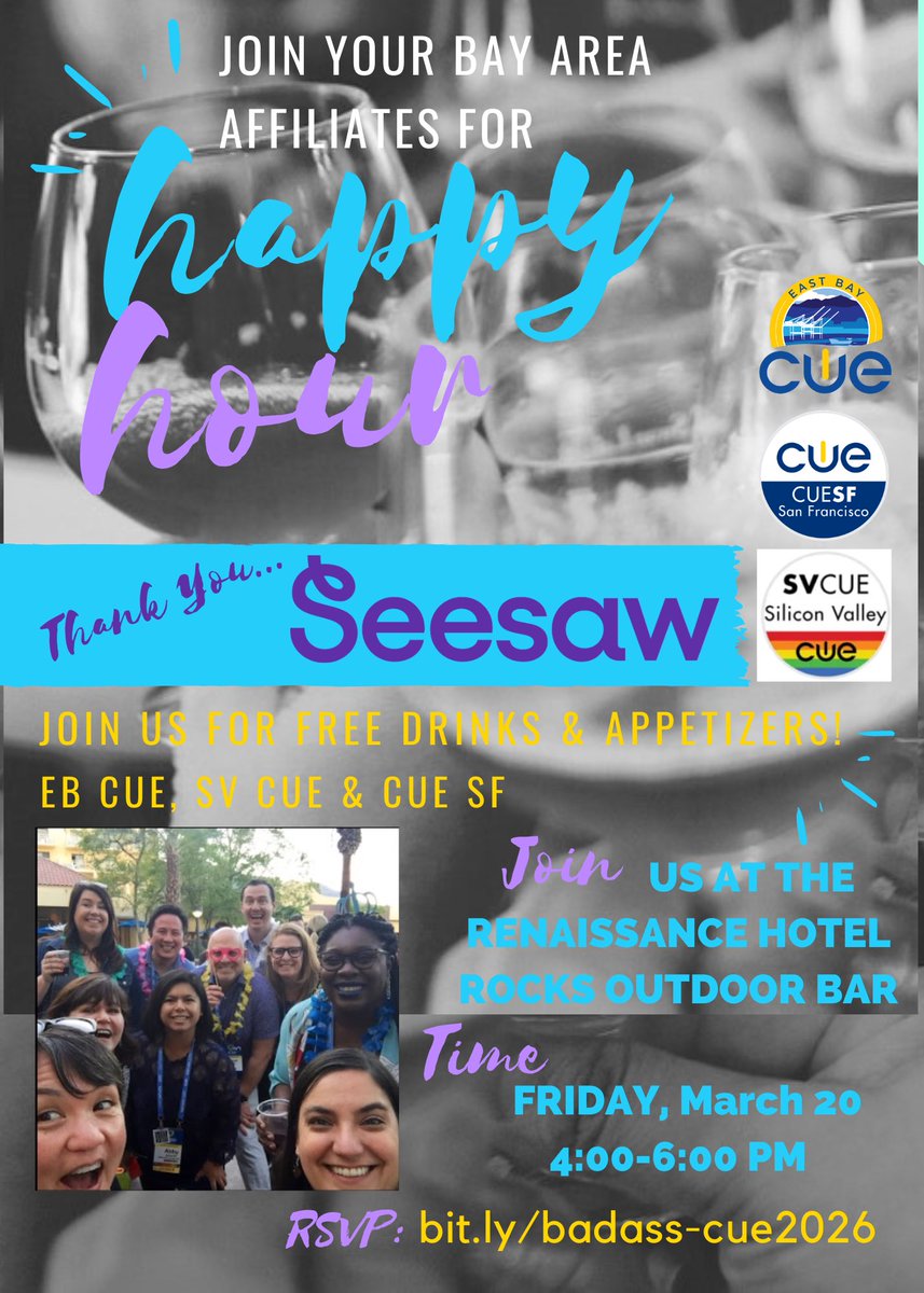 CUESanFrancisco's tweet photo. Going to the Spring CUE/CALIE Conference? Join your local CUE Bay Area Affiliates for a FREE Happy on Friday, March 29th! RSVP Today at https://t.co/RaDinZJXyE Also, thank you to our local Ed tech partner @Seesaw for partnering with us to host this meetup for our members! https://t.co/g2g8bAXpay