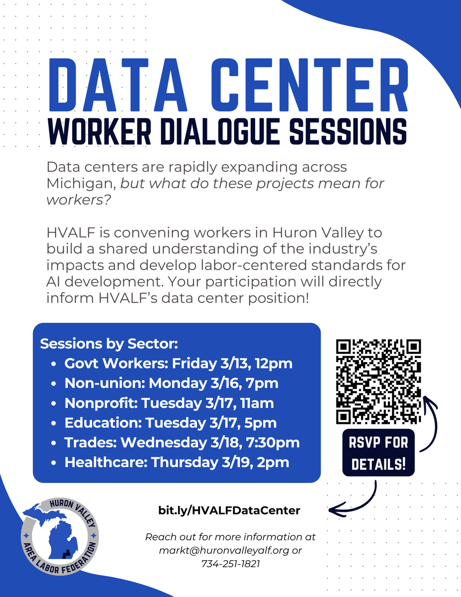 HVALF_AFLCIO's tweet photo. We're hosting worker dialogue sessions on how data center development impacts working-class communities in SE Michigan. By participating, you’re helping build a worker-centered vision of data centers and AI in the region!

📩 RSVP for a session: https://t.co/CWjpQgMFKd https://t.co/PyMV36rz8R