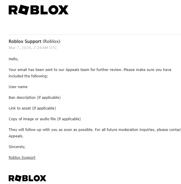 talmightyt's tweet photo. @Roblox The audacity to give me a feedback form after hundreds of ban appeals rejected and an ongoing ticket which you didn't even help me to clarify my ban with the reason "Other", that's actually madness. https://t.co/WHTEcUmTle