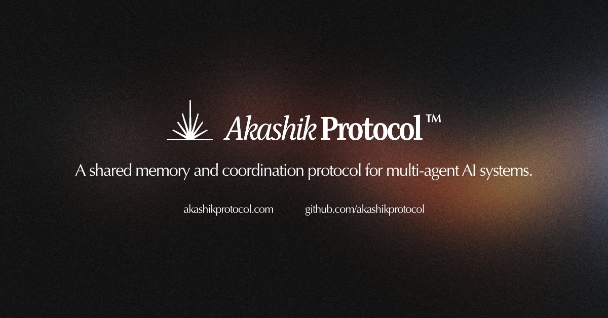 sahildavid's tweet photo. AI Agents can call tools (MCP)
They can talk to each other (A2A)
But can they remember together?

Today I'm publishing the Akashik Protocol ~ an open spec for the missing layer: shared memory between agents.

https://t.co/eqklfnCbcR https://t.co/dvDGVkEIu6