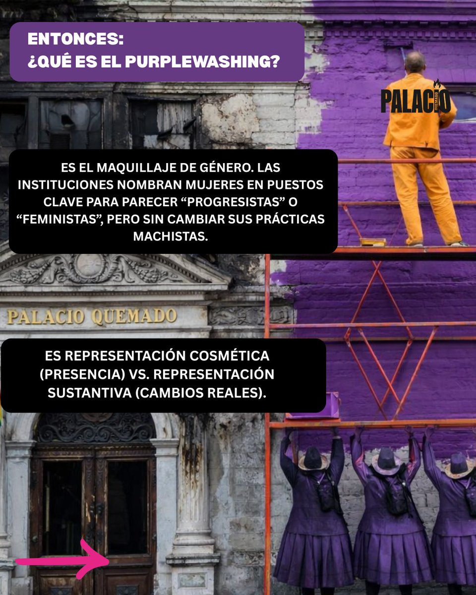 Palacio_Quemado's tweet photo. Aquí entra el #Purplewashing: marketing político puro. Se nombran mujeres en puestos clave para validar instituciones que siguen siendo violentas. Es representación cosmética (estar ahí) vs. representación sustantiva (hacer leyes y mover presupuesto).
3/6 https://t.co/2y5KotV9vQ