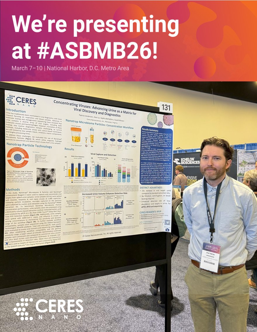 CarynTyler73106's tweet photo. Join us today at ASBMB 2026 for Poster #131: “Concentrating Viruses: Advancing Urine as a Matrix for Viral Discovery and Diagnostics.”

Stop by to learn how Nanotrap® Technology is making urine workflows simpler, more efficient, and more powerful for downstream detection.

If you’ve experienced challenges with large sample volumes but need greater sensitivity in your workflow, this is the perfect opportunity to connect. We’re sharing practical strategies to streamline your workflow while maximizing the richness of your sample.

Come talk with our expert, Patrick Andersen, and explore how smarter concentration can unlock better results.
#ASBMB2026 #nanotrap #infectiousdisease #urine #clinicalresearch