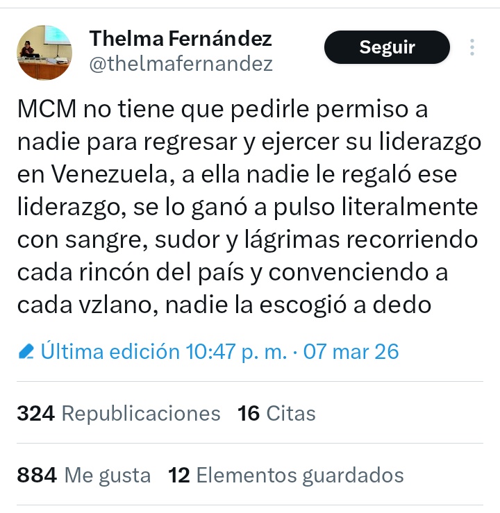 AlejandrooCamb_'s tweet photo. Nuestra querida, y nunca bien ponderada Thelmilla, dice que el liderazgo de @MariaCorinaYA costó sangre; sudor y lágrimas, pero, nunca de los hijos de Maricori quienes viven en Estados Unidos desde hace años. Sangre; sudor y lágrimas de los apresados por culpa de Maricori. https://t.co/MNJZ81aFw1