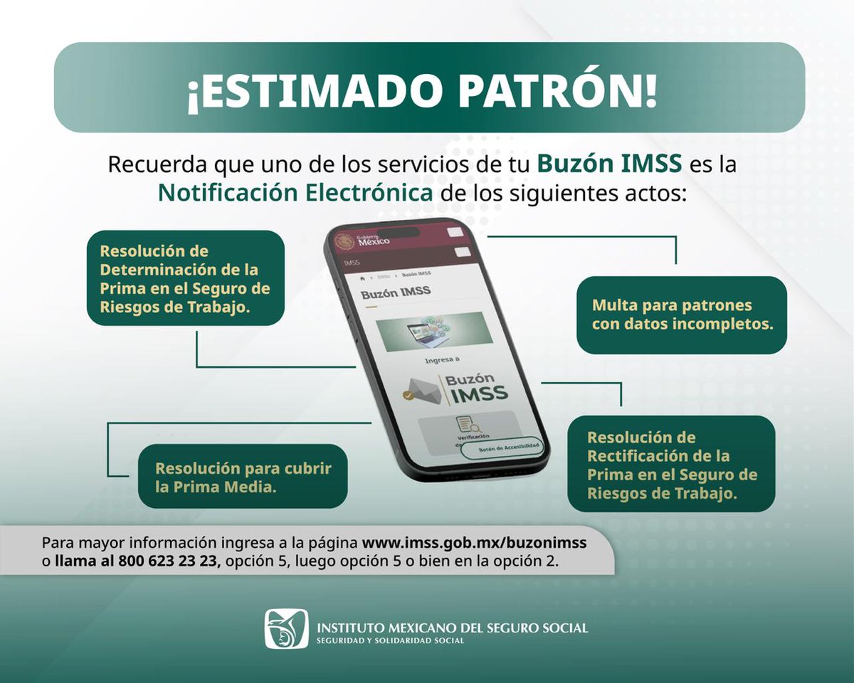 📩 Tu Buzón IMSS, información clave al instante.

Estimado patrón: por medio del Buzón IMSS puedes recibir notificaciones electrónicas sobre resoluciones de Prima en el Seguro de Riesgos de Trabajo y otros actos administrativos.

Más info: imss.gob.mx/buzonimss o 800 623 23 23.