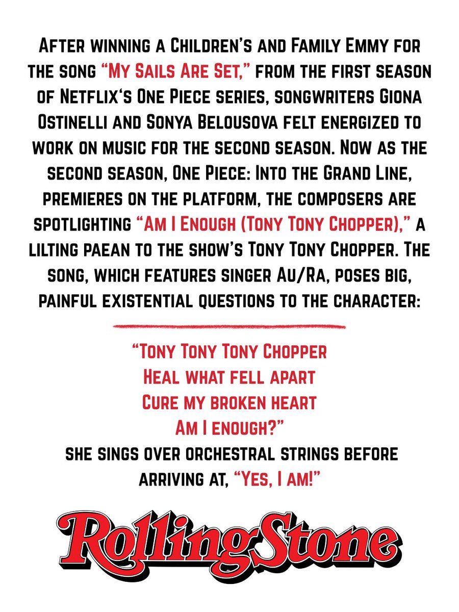 SonyaBelousova's tweet photo. PINCH ME! Honored to be featured in @RollingStone. 10-year-old me would have never imagined this being reality one day. 

Grateful for this wonderful spotlight on our One Piece music - featuring an EXCLUSIVE premiere of AM I ENOUGH (TONY TONY CHOPPER) feat. Au/Ra @heyitsau_ra ❤️ https://t.co/zzuLp8djJt