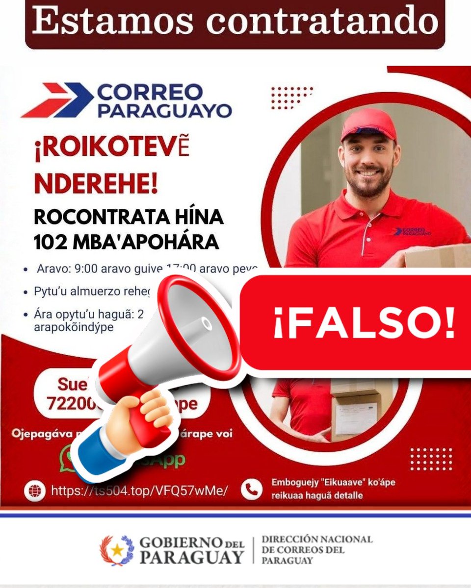 CorreoPy's tweet photo. 🚨¡CUIDADO!

Mensajes falsos están llegando a los correos electrónicos y celulares. Es con el fin de  suplantar la identidad del Correo Paraguayo.

❌¡No respondas ni compartas tu información personal!

#CorreoParaguayo 🇵🇾
#GobiernoDelParaguay 🇵🇾 https://t.co/CZGSgKb9RS