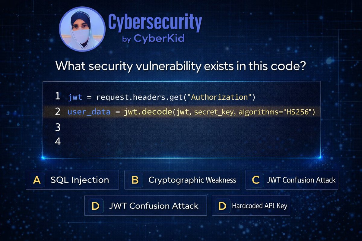Anastasis_King's tweet photo. 🔎 Cybersecurity Challenge #5 – Spot the Vulnerability

#cybersecurity #infosec #ethicalhacking #websecurity #bugbounty #securecoding #JWT #CyberKid #securitychallenge https://t.co/KJIJ7He6mW