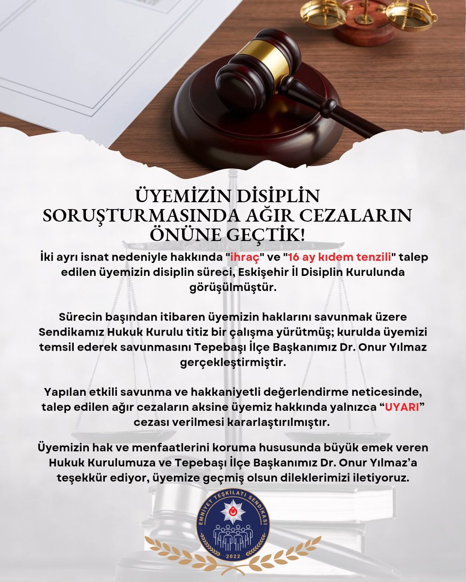 ÜYEMİZ HAKKINDAKİ AĞIR DİSİPLİN CEZASI TALEPLERİNİN ÖNÜNE GEÇTİK!

İki ayrı isnat nedeniyle hakkında "ihraç" ve "16 ay kıdem tenzili" talep edilen üyemizin disiplin süreci, Eskişehir İl Disiplin Kurulunda görüşülmüştür.

Sürecin başından itibaren üyemizin haklarını savunmak üzere