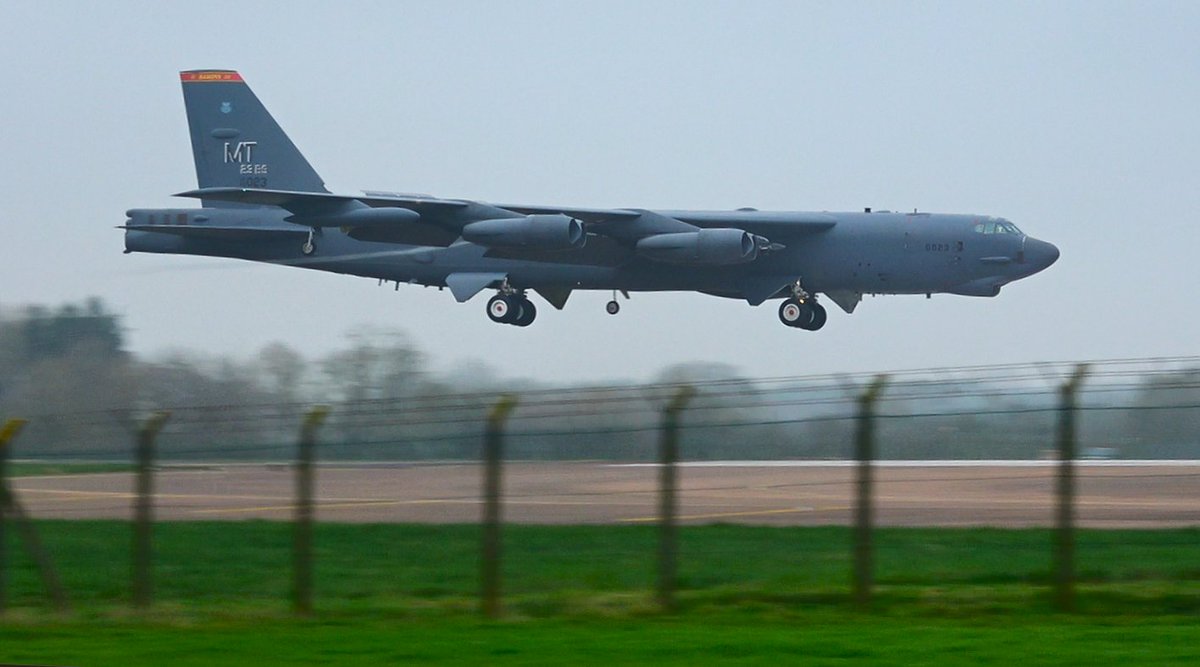 Saint1Mil's tweet photo. A busy day at RAF Fairford 🇬🇧today with the arrival of three B-52s from Minot AFB 🇺🇸 and various support flights. A link to a 2 min video of the day is here: https://t.co/xQMI8VRfya https://t.co/IaeKMKzkTN