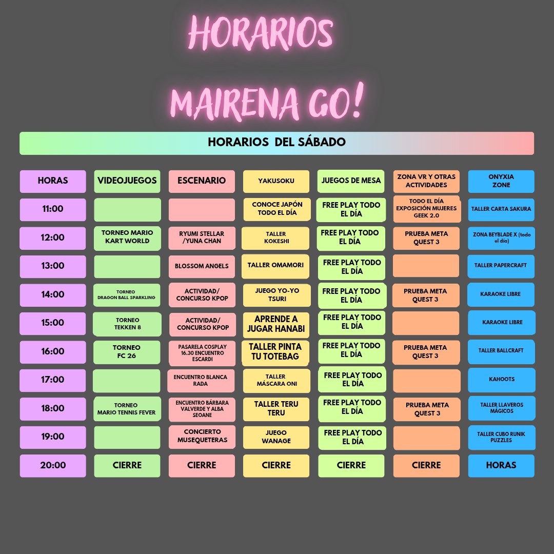 Os dejamos los horarios (provisionales, aunque poco van a cambiar) de #mairenago para este próximo fin de semana. Recordad que la entrada es gratuita