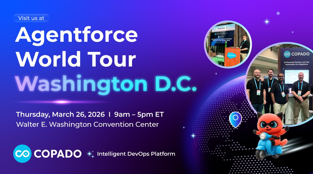 CopadoSolutions's tweet image. Copado is proud to sponsor &amp;amp; showcase the future of #Salesforce health in Washington.

In 2 weeks, stop by our #AgentforceWorldTourDC booth to see Org Intelligence™ in action—so you can decode your orgs, slash technical debt and automate security.
ow.ly/8p7B50YrofX