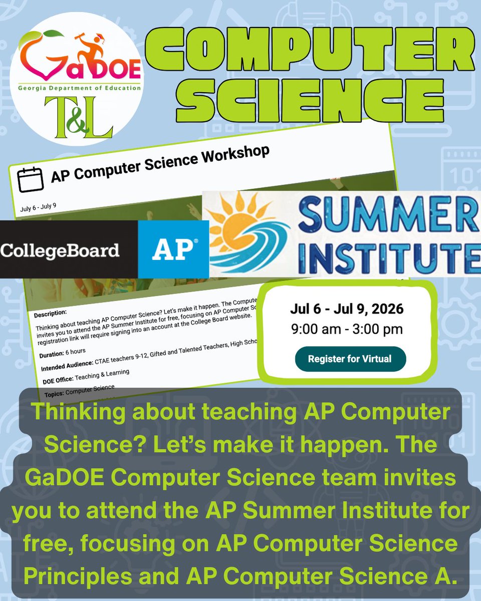 GaDOE_DML's tweet photo. 📣T&amp;L Spotlight: Attend APSI for Computer Science for FREE! 💻🚀
🔗 https://t.co/N38T74m5aP
Thinking about teaching AP Computer Science? Let’s make it happen.
• Join the GaDOE Computer Science team for a FREE AP Summer Institute
• Focused on...
@GaDOE_CS https://t.co/PBgGl8KzfG