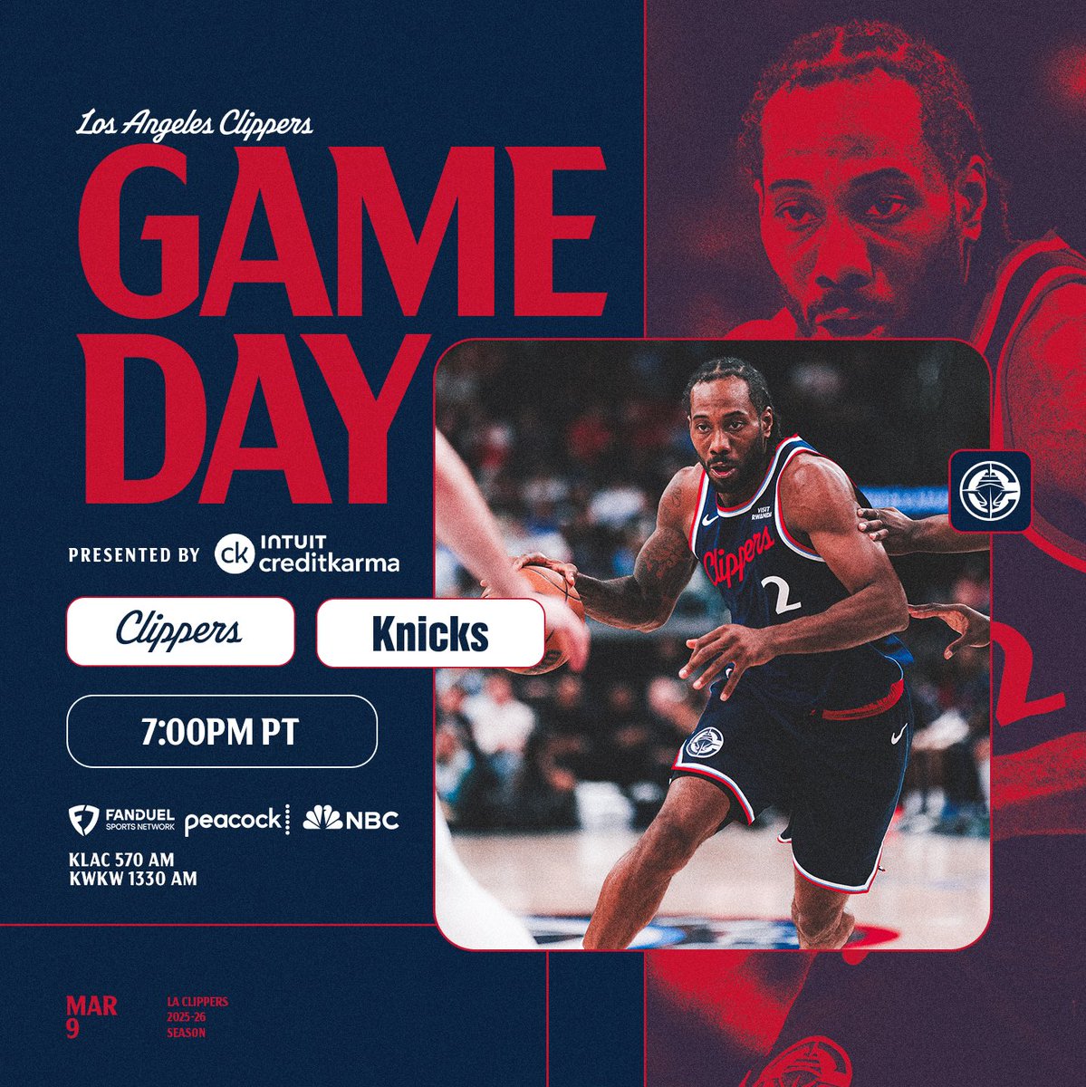 GAME DAY AT <a href="/IntuitDome/">Intuit Dome</a>‼️

🕖 7:00PM PT
🆚 <a href="/nyknicks/">NEW YORK KNICKS</a> 
🎟️ on.nba.com/3JjFg5z
📺 <a href="/FanDuelSN_West/">FanDuel Sports Network West</a>, <a href="/NBAonNBC/">NBA on NBC and Peacock</a> 
👀 on.nba.com/4lmh9T1
📻 KLAC 570 AM, KWKW 1330 AM