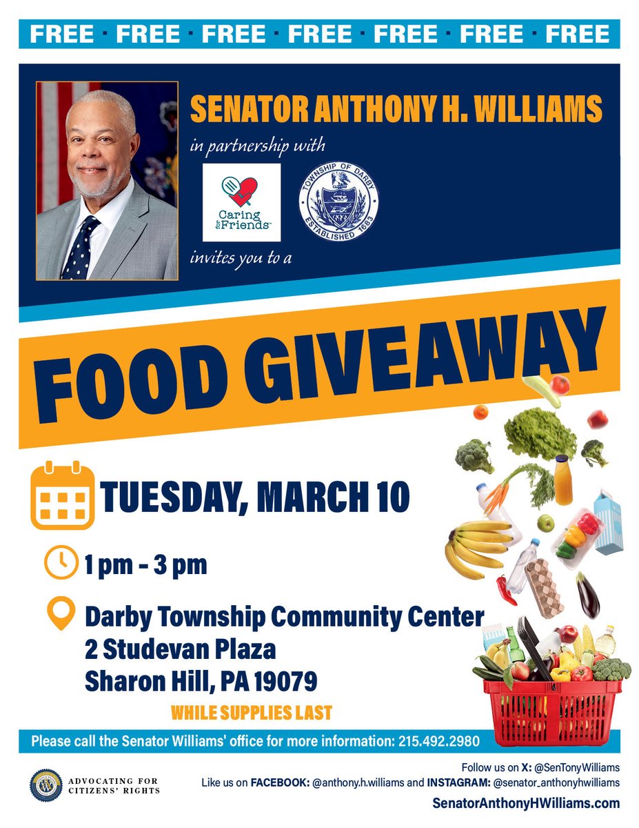 SenTonyWilliams's tweet image. Join us tomorrow for a free food giveaway at the Darby Township Community Center (1–3 PM). Proud to partner with Caring for Friends and Darby Township to help support families in our community. While supplies last.

#CommunityFirst #Delco #FoodAcces