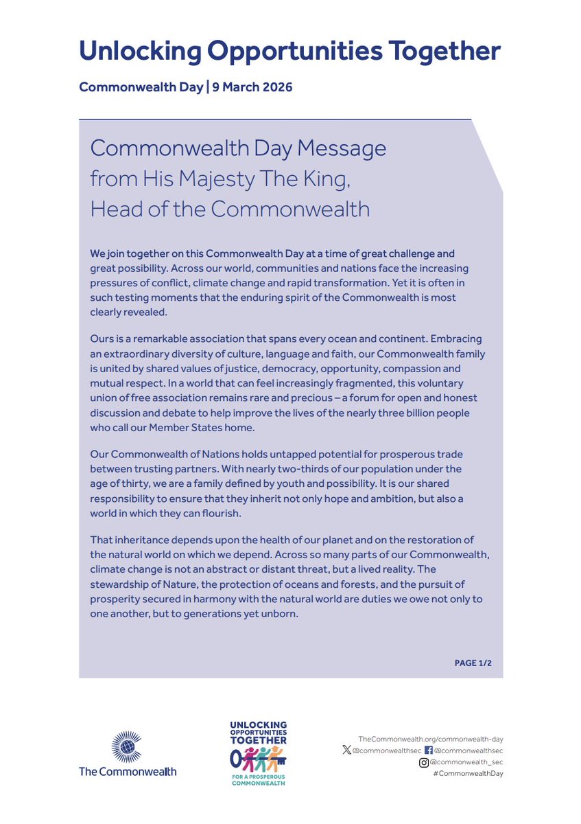 malarianomoreuk's tweet photo. As our Royal Patron His Majesty The King @theroyalfamily reminds us this #CommonwealthDay, our shared future depends on compassion, collaboration, and care for both people and planet. https://t.co/9Xki9HHAjK