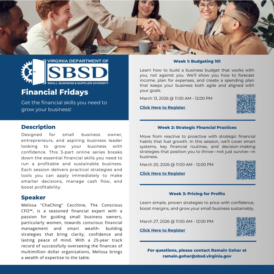 VirginiaSBSD's tweet photo. Join us for Financial Fridays, where this week we focus on Strategic Financial Practices. Register today. https://t.co/qXgaVbyPn1
#FinancialFridays #SmallBusiness #FinancialLiteracy #Entrepreneurship https://t.co/eGTvV6lpDS