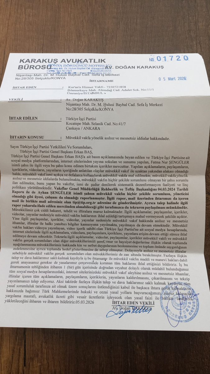 Kur’an’a Hizmet Vakfı, Fatmanur Çelik ve gencecik evladı İkra’nın hayatını kaybetmesine neden olan Ayhan Şengüler ve onun tarikat bağlantıları hakkında konuştuğumuz için partimize ihtar göndermiş!

Bu iş burada kalacak sanıyorsanız, bir ihtarla sineceğimize inanıyorsanız vay