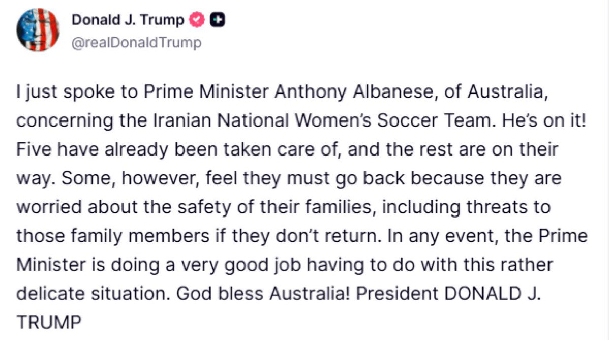 EuroPostAgency's tweet image. Trump: Five Iranian Footballers Have Already Defected in Australia

Donald Trump says he spoke with Australian Prime Minister Anthony Albanese about members of Iran’s women’s football team seeking to defect during a tournament in Australia.
 #EuroPost