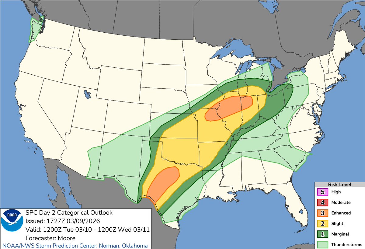 NWSSPC's tweet photo. 12:29pm CDT #SPC Day2 Outlook Enhanced Risk: Across central Illinois into northwest Indiana and across the Edwards Plateau into central Texas https://t.co/Y1WiOd8m1i https://t.co/P1Wgh1MeI1