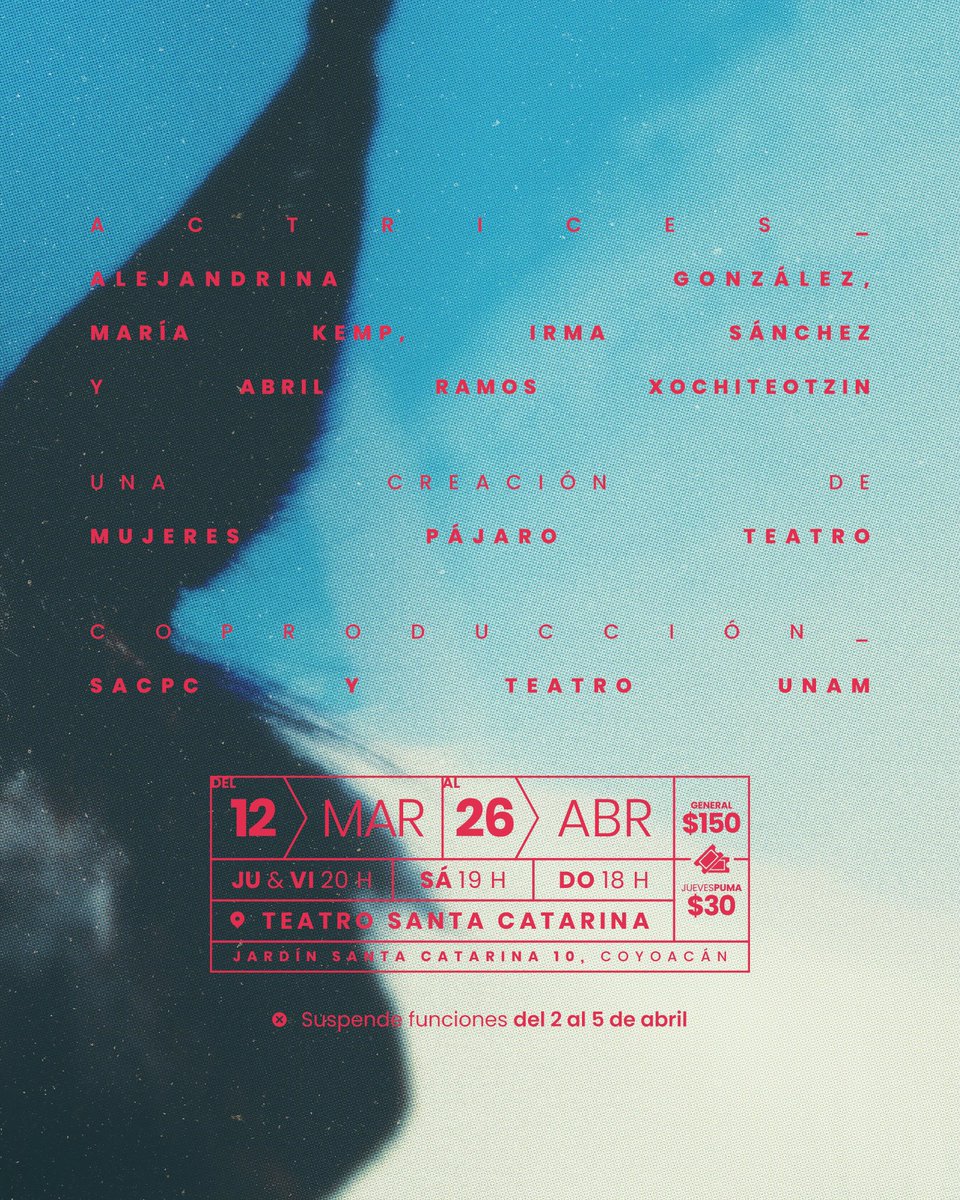 🎭 ALBA: tres mujeres emprenden la búsqueda de su mejor amiga en una historia que se desarrolla como un thriller policiaco.

▫️ Una creación de #MujeresPajaro 🎭

📆 Del 12 de marzo al 26 de abril
📍 Teatro Santa Catarina #Coyoacán 🇲🇽
Vía <a href="/CulturaUNAM/">CulturaUNAM</a> /<a href="/teatrounam/">Teatro UNAM</a>