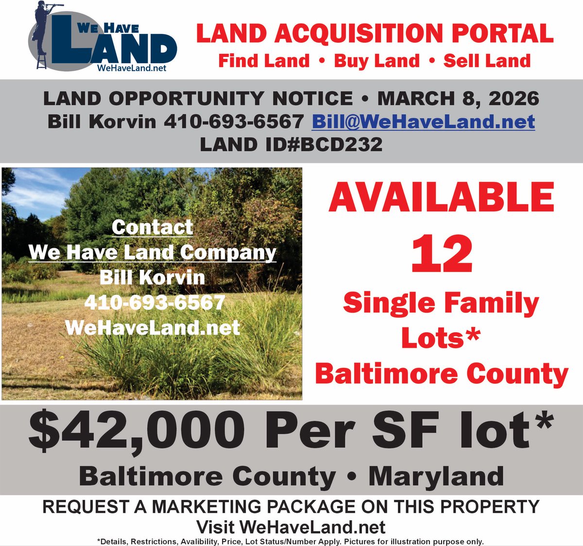 Our Land Acquisition PORTAL finds another opportunity 12-single family lots in Baltimore County Maryland. Visit WeHaveLand.net