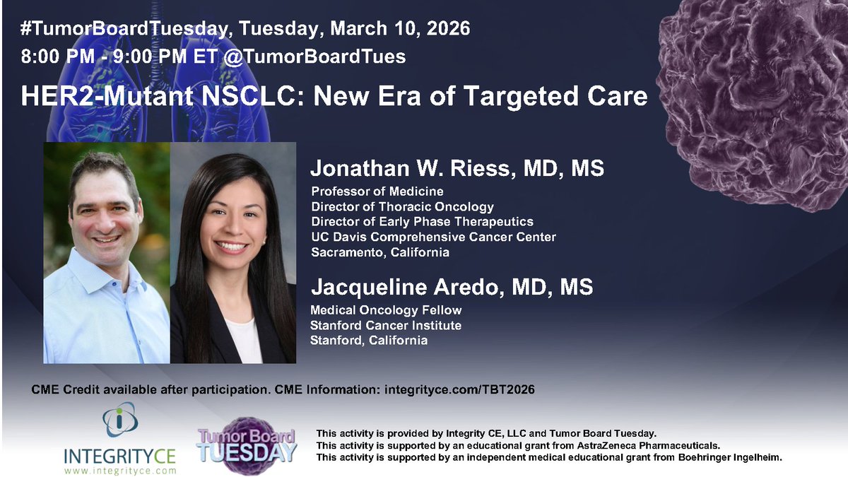 TumorBoardTues's tweet photo. #TumorBoardTuesday 
In #NSCLC, targeting🎯HER2 is more than just ⬆️protein expression.  DNA🧬alterations are key🔑too‼️

📢Join us Tuesday, 03-10-26 at 8PM ET as @riess_md &amp; @JackieAredoMD🗣️HER2 targeted strategies in mNSCLC

RT and bring others into the discussion‼️ https://t.co/Q4nPk2TsW2