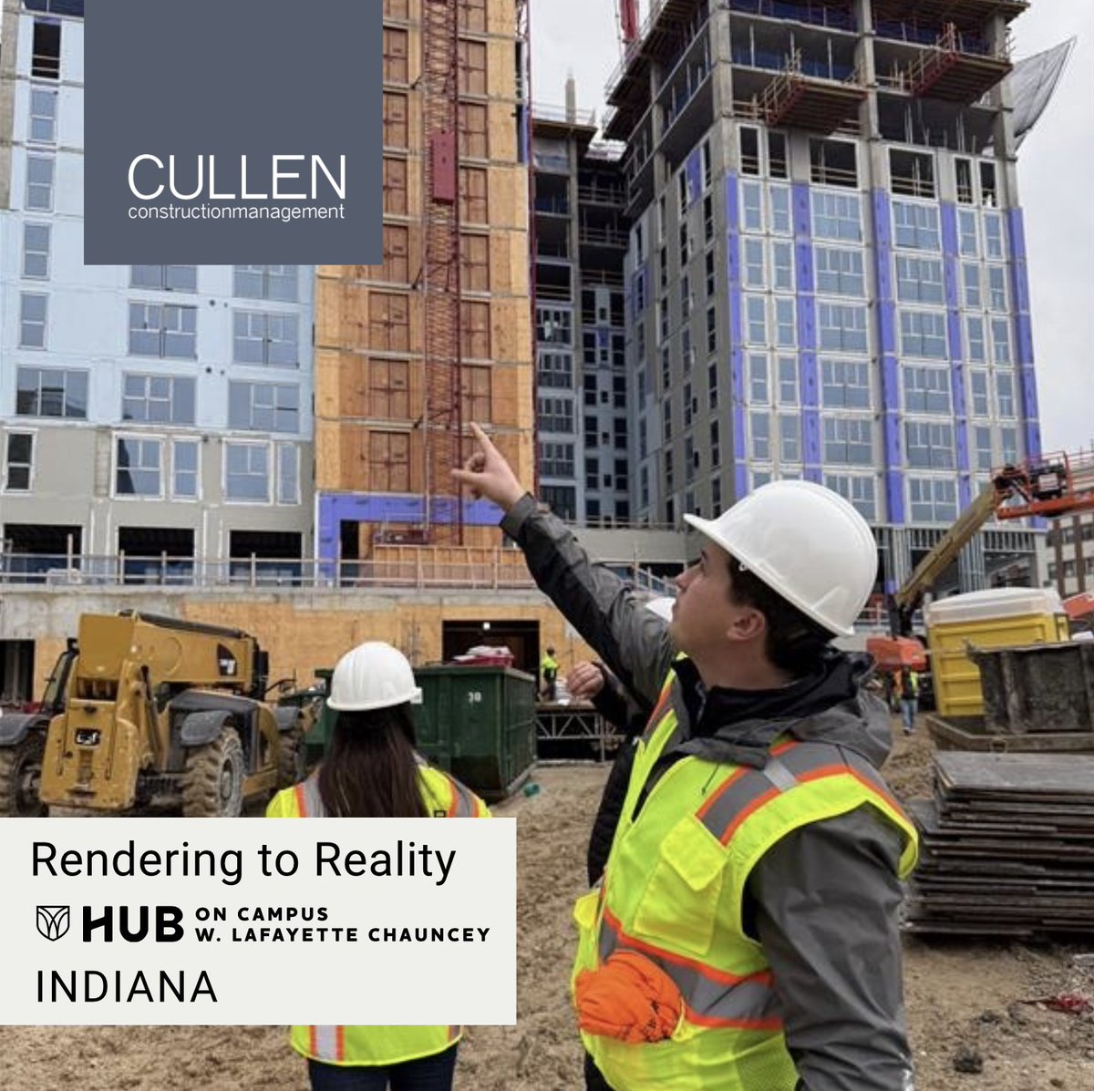 We’re excited to share a Topping Out milestone celebration at Hub Chauncey, in West Lafayette near
Purdue University campus! 
We’re once again thrilled to provide the owner and developer, Core Spaces, with Owner’s Representative services for this  13-story, mixed-use development!