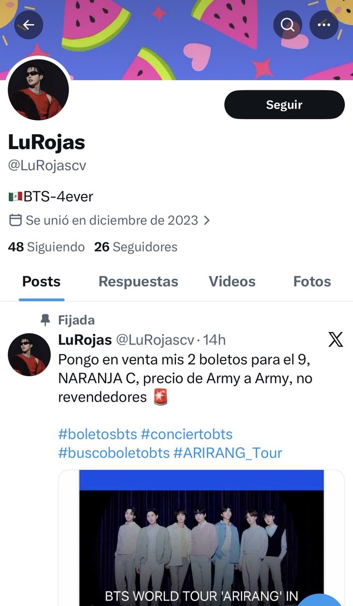 Amigas mucho cuidado‼️‼️‼️, este perfil está queriendo vender boletos y pide hacer trato en persona pero al momento de pedir pruebas sale con cosas de que le da miedo mandar y que es “peligroso”, le revisamos el perfil y no tiene NADA de los chicos, se cambió el nombre reciente