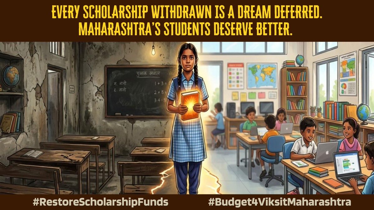 An 82% reduction in scholarship funds is not reform- it’s a setback. Every scholarship withdrawn is a dream deferred.
Maharashtra’s Students deserve better.

#RestoreScholarshipFunds #Budget4ViksitMaharashtra #Education