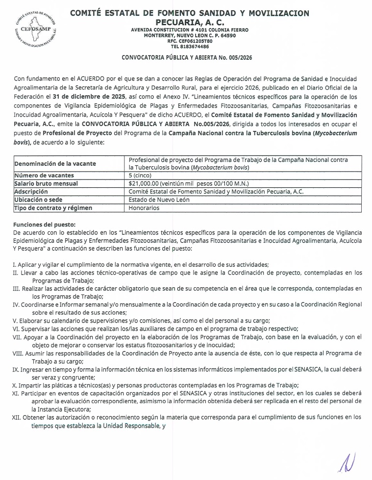 Compartimos Convocatoria Pública y Abierta No.005/2026, dirigida a todos los interesados en ocupar el puesto de Profesional de Proyecto de la Campaña contra Tuberculosis bovina en el #CEFOSAMP, misma que podrás consultar la bases en la siguiente liga:

cefosampnl.com/documentos/No.…
