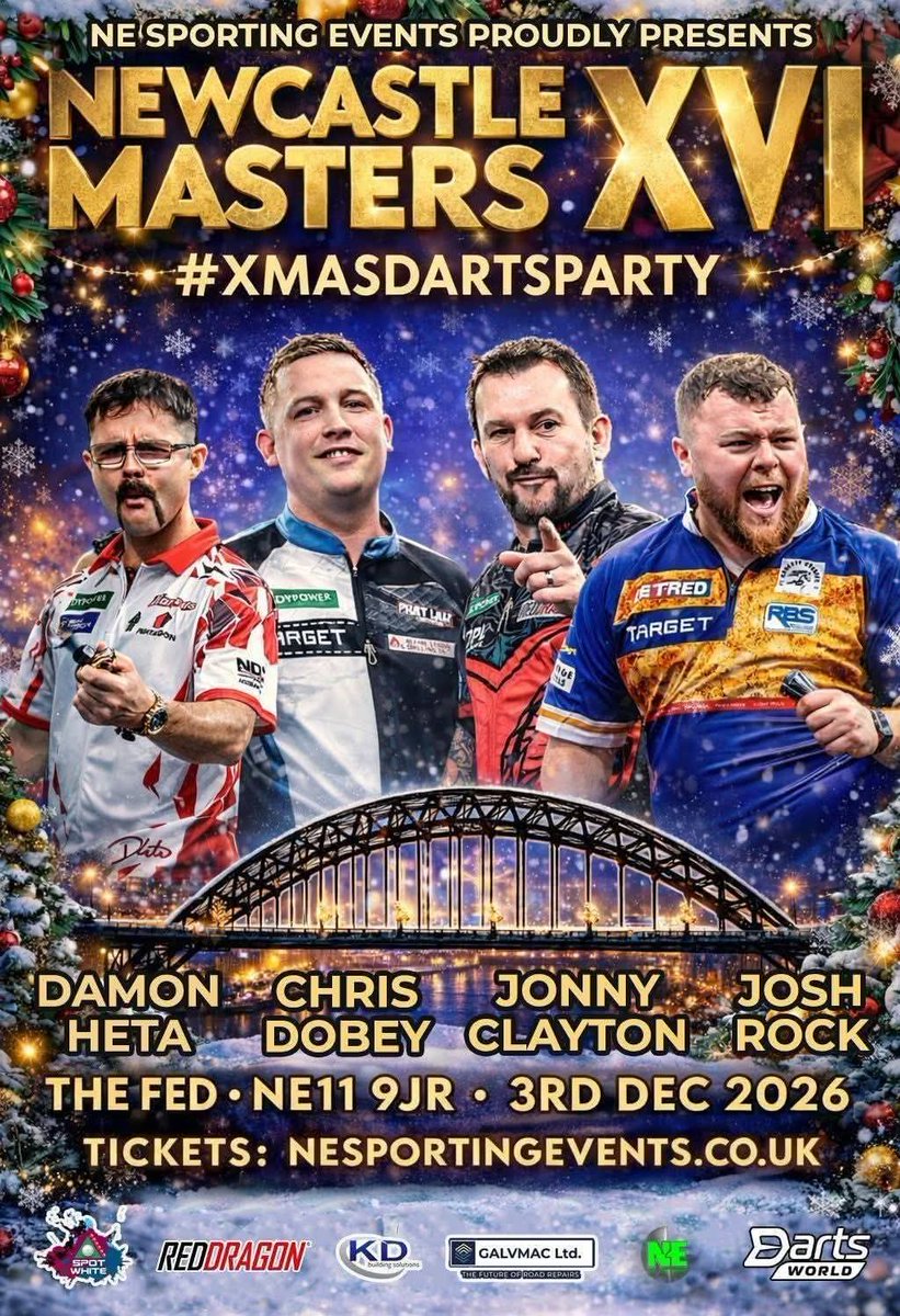 NESPORTSEVENTS's tweet image. NEWCASTLE MASTERS XVI 🎯
#XmasDartsParty 🎄
#DaveyDoddsMemorialTrophy 🏆
December 3rd @ The Fed NE119JR

@DamonHeta180
@Dobey180
@JonnyClay9
@joshrock18002

** 🎟️ LAST FEW TICKETS 🎟️**

nesportingevents.co.uk

#fypageシ #fypシ #fyp #darts