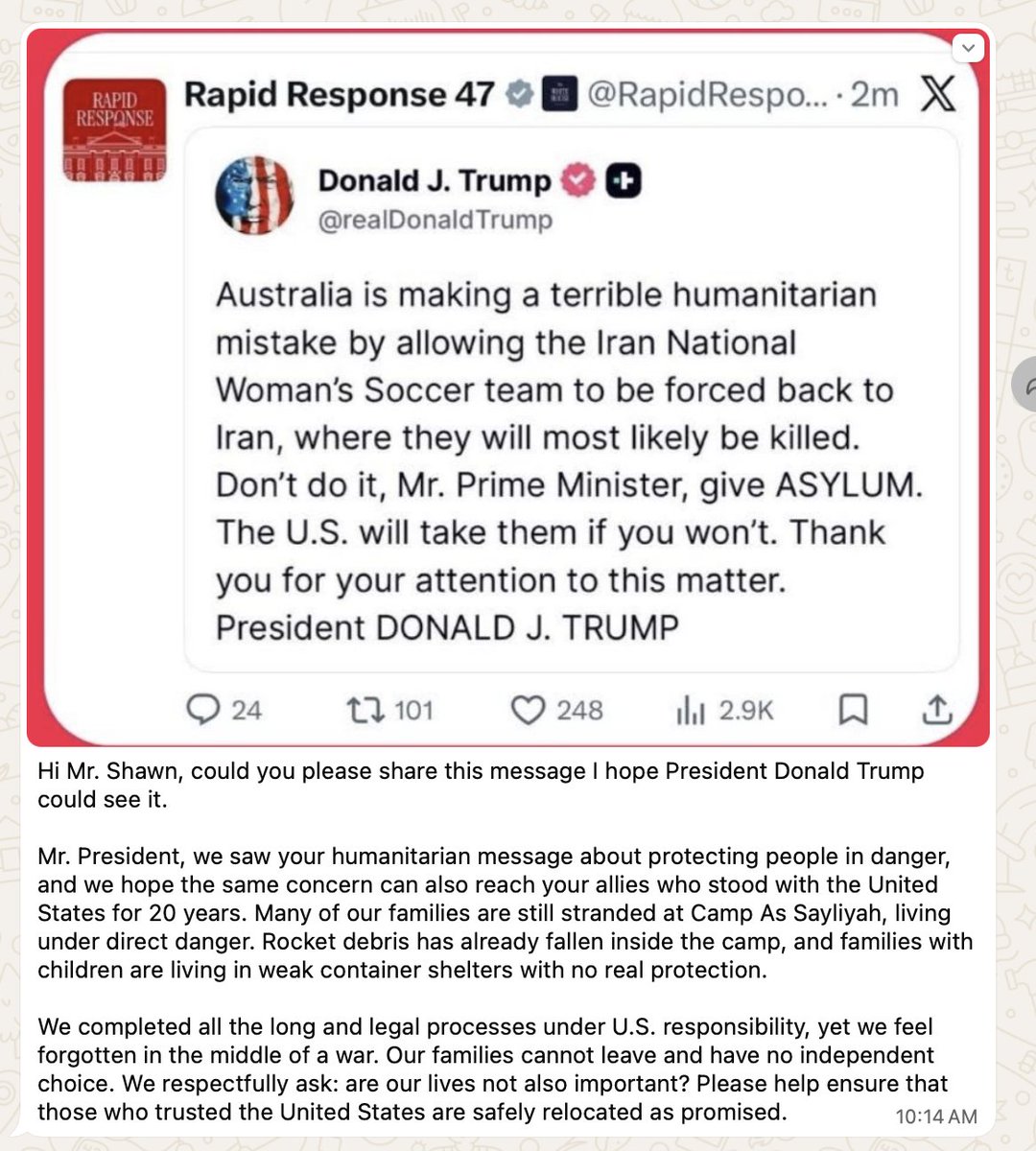 Afghans saw <a href="/POTUS/">President Donald J. Trump</a> call for asylum for Iranians in danger.

Afghan allies stranded at Camp As Sayliyah are asking the same question:

"Will that compassion extend to us?"

Please share so we can make sure the <a href="/WhiteHouse/">The White House</a> and <a href="/StateDept/">Department of State</a> see this message. #AfghanEvac #StillWithUS