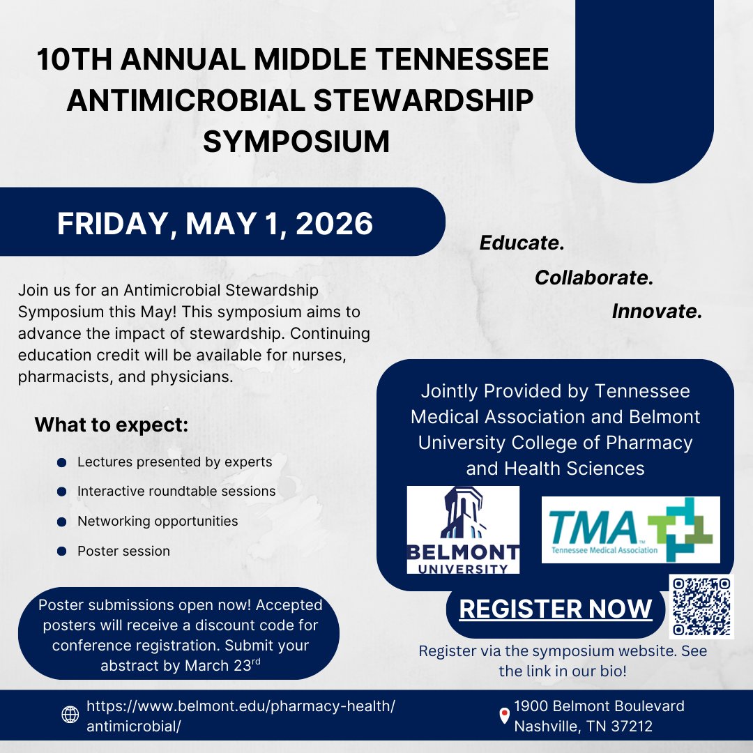 MTASsymposium's tweet photo. Check out the lineup for our 10th Annual Middle Tennessee Antimicrobial Stewardship Symposium in Nashville, TN! Poster submissions are open, and accepted abstracts will receive a registration discount. https://t.co/lsIhkYrEbR
@pcpatelpharmd
@Ashlan_Kunz
@mjwingler
@AthenaLVHobbs https://t.co/RLJvCArYrr