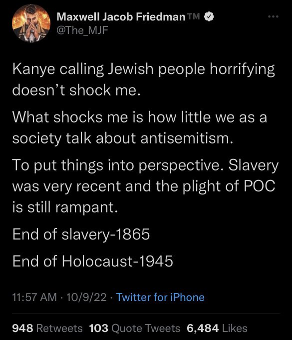 alwaysSFTC's tweet photo. Reminder‼️: Forty-two months ago, on Oct 9, 2022, @The_MJF posted a tweet belittling the Trans-Atlantic Slave Trade and has never apologized. Why doesn't he face the same backlash as Hulk Hogan and Tessa Blanchard, who also made racist statement/comments? https://t.co/f1hOmOrBEK