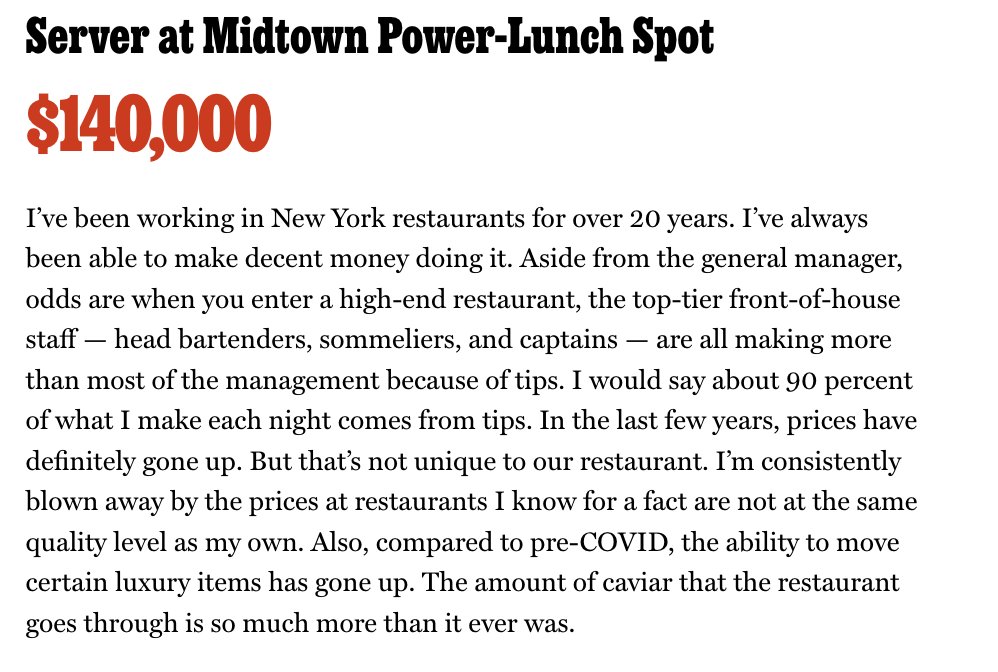 Incredible read: 60 New Yorkers on how much they made last year. 

Midtown coffee cart guy made as much as a NYT Bestselling Author with 800k IG followers. 

Both made 1/3 as much as a server at a midtown power lunch spot &amp; less than a traveling lice lady.
archive.is/ezKAu