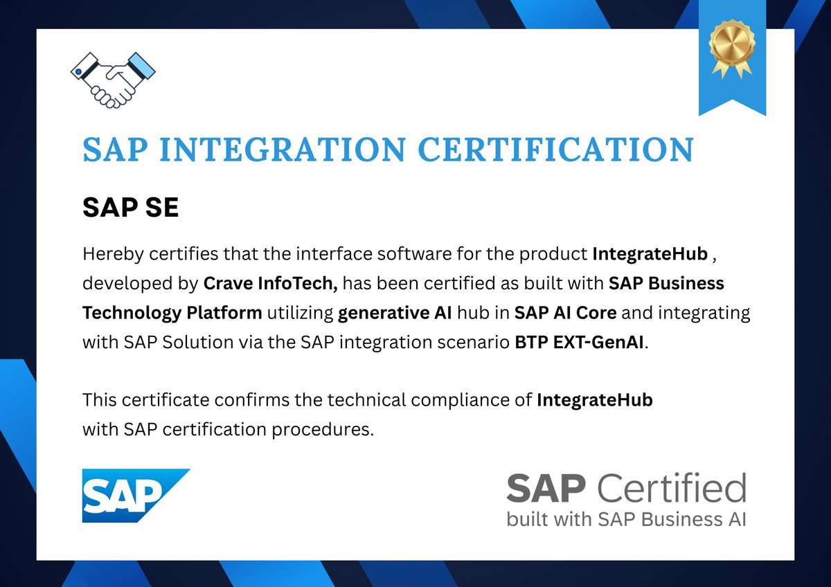 CraveInfotech's tweet photo. IntegrateHub is now SAP Certified on SAP BTP!

Delivering intelligent, scalable integrations with SAP AI Core &amp; BTP EXT-GenAI, helping enterprises simplify SAP landscapes and unlock AI-driven value.

https://t.co/PmCG8trwa9

#SAP #IntegrateHub #CraveInfoTech #SAPCertification https://t.co/XZ8NXJaqZi