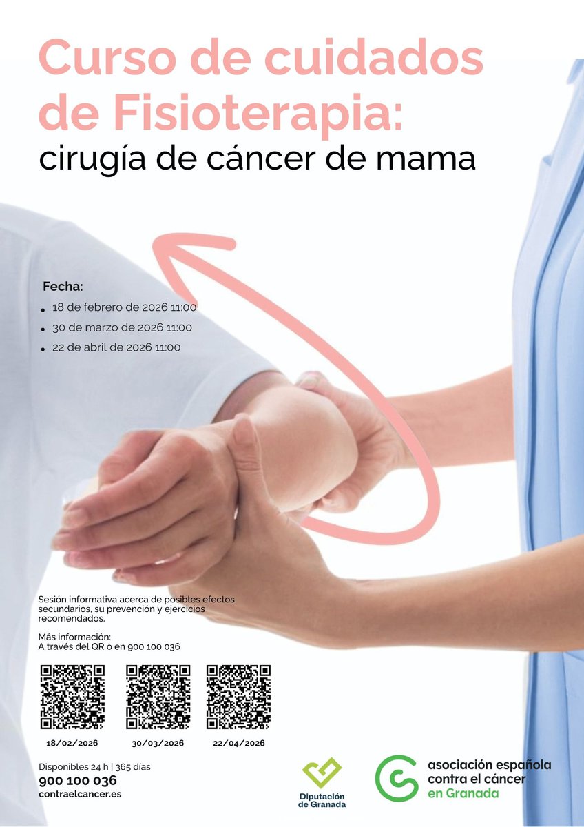 ContraCancerGRA's tweet photo. 💗 Cuidados de fisioterapia tras cirugía de cáncer de mama
Además, reservaremos un espacio final para resolver dudas.
📅 30 de marzo de 2026
🕚 11:00 – 13:00 h
🎟 Plazas limitadas
🗓 Inscripciones: 18/02/26 – 27/03/26

Actividad cofinanciada por @diputaciondegranada. https://t.co/Z2E7xZbt2B